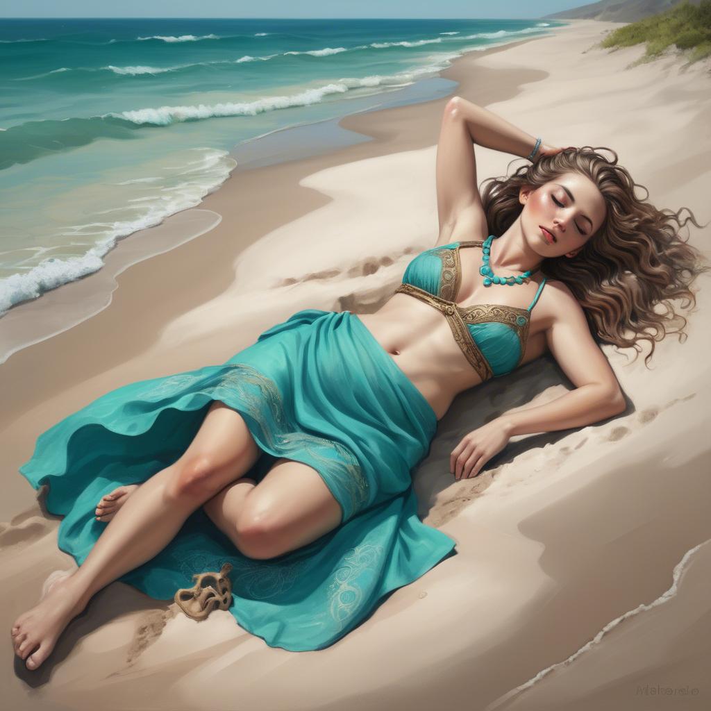 A stunning image of beach goddess lying on a sandy shore with turquoise waves.