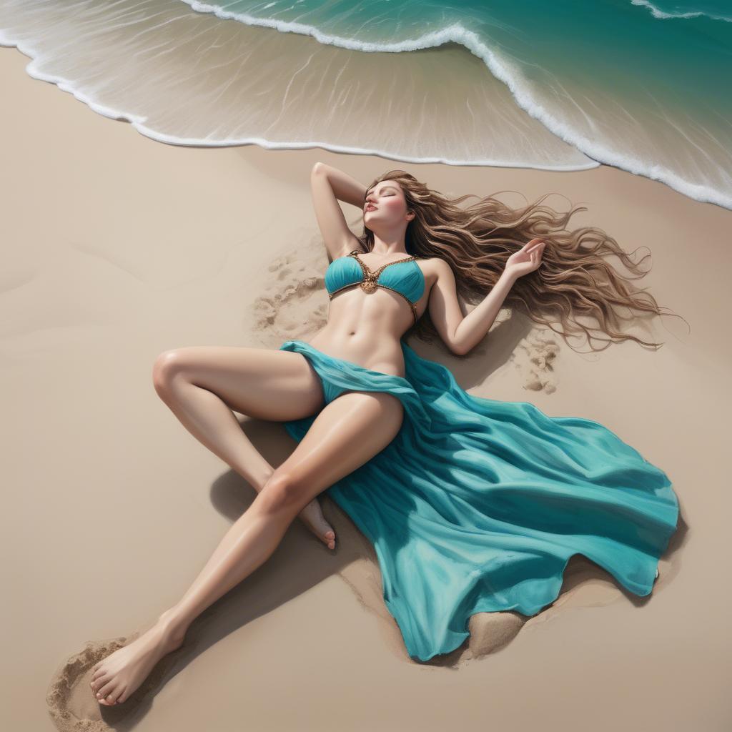 A stunning image of beach goddess lying on a sandy shore with turquoise waves.