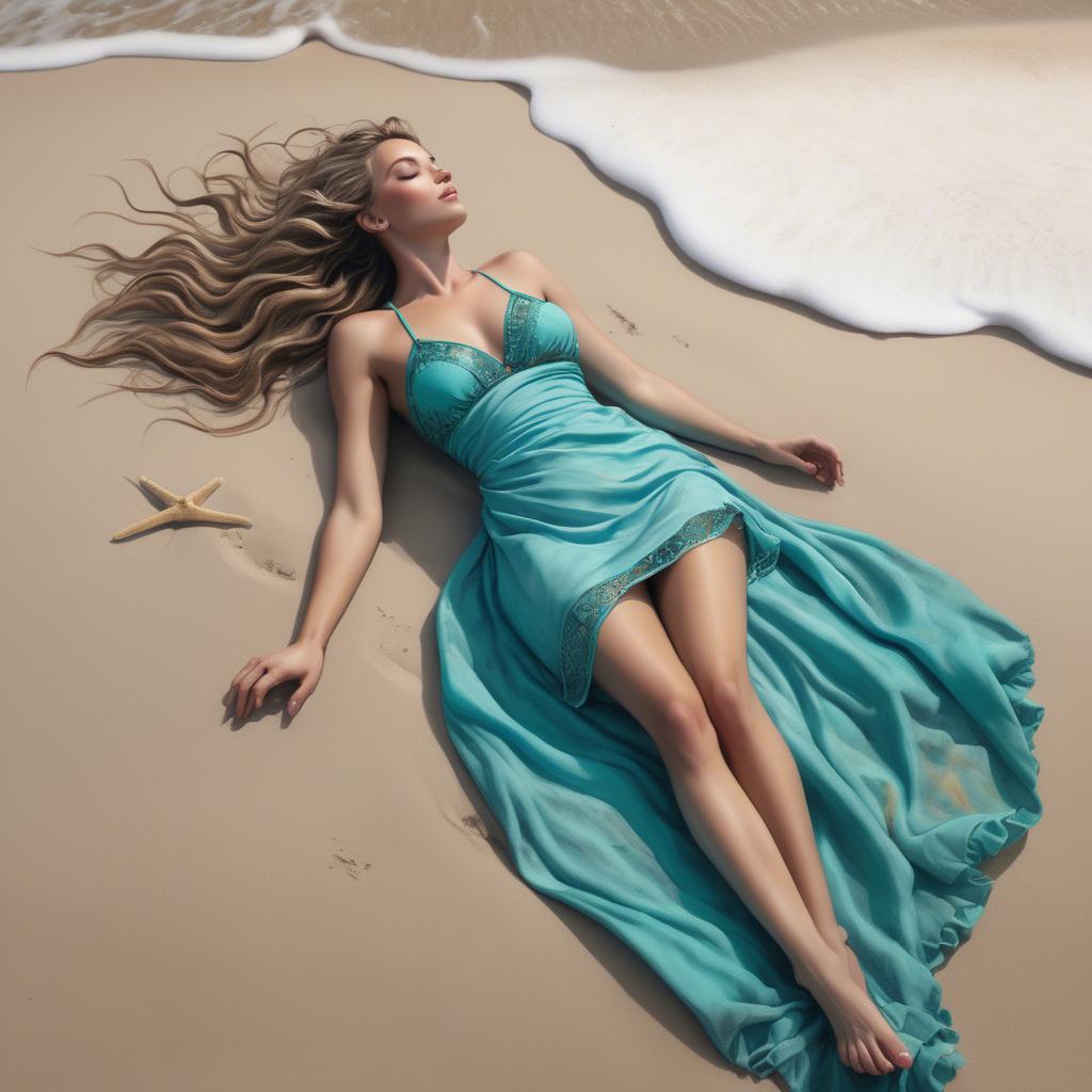 A stunning image of beach goddess lying on a sandy shore with turquoise waves.