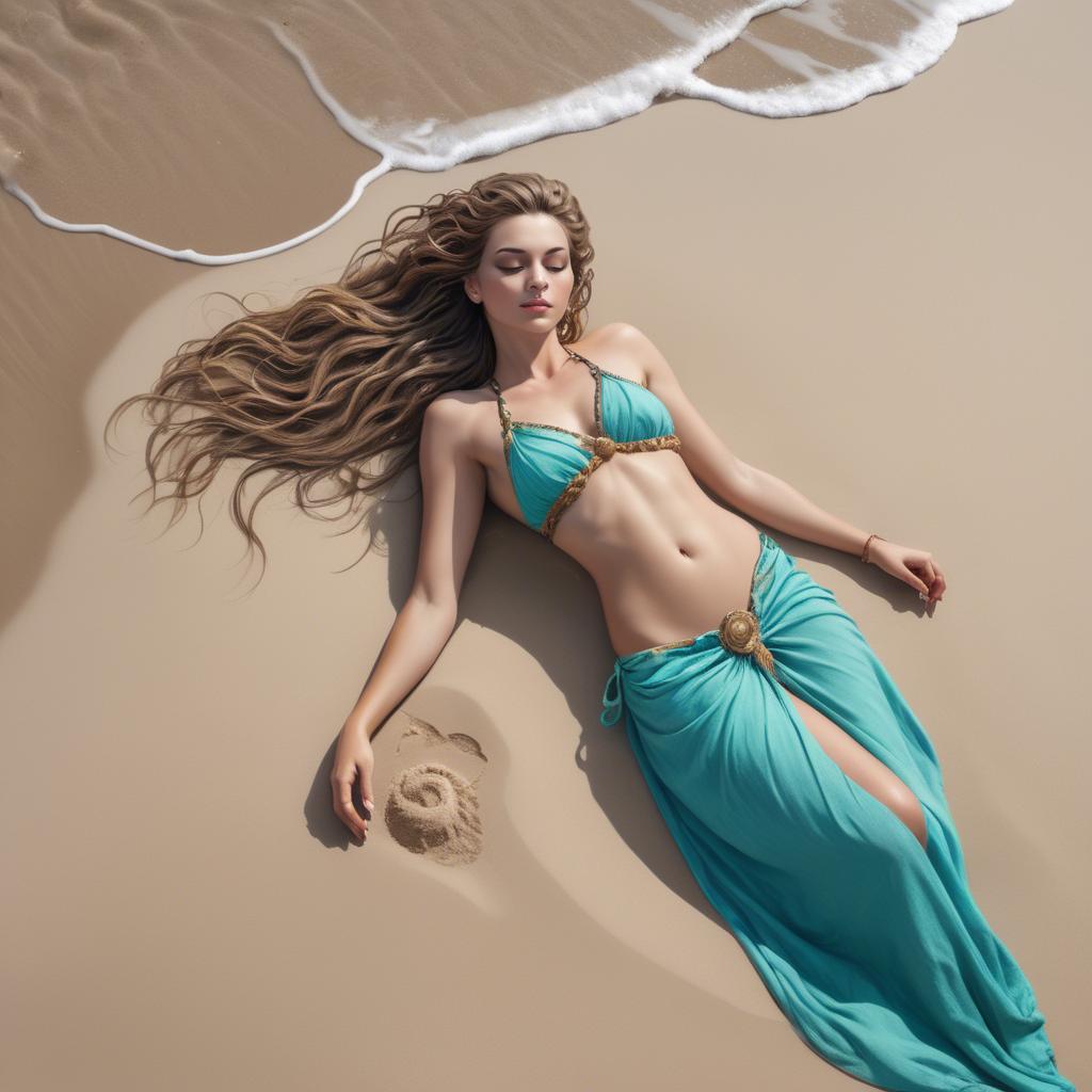 A stunning image of beach goddess lying on a sandy shore with turquoise waves.