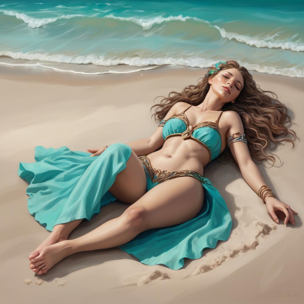 A stunning image of beach goddess lying on a sandy shore with turquoise waves.