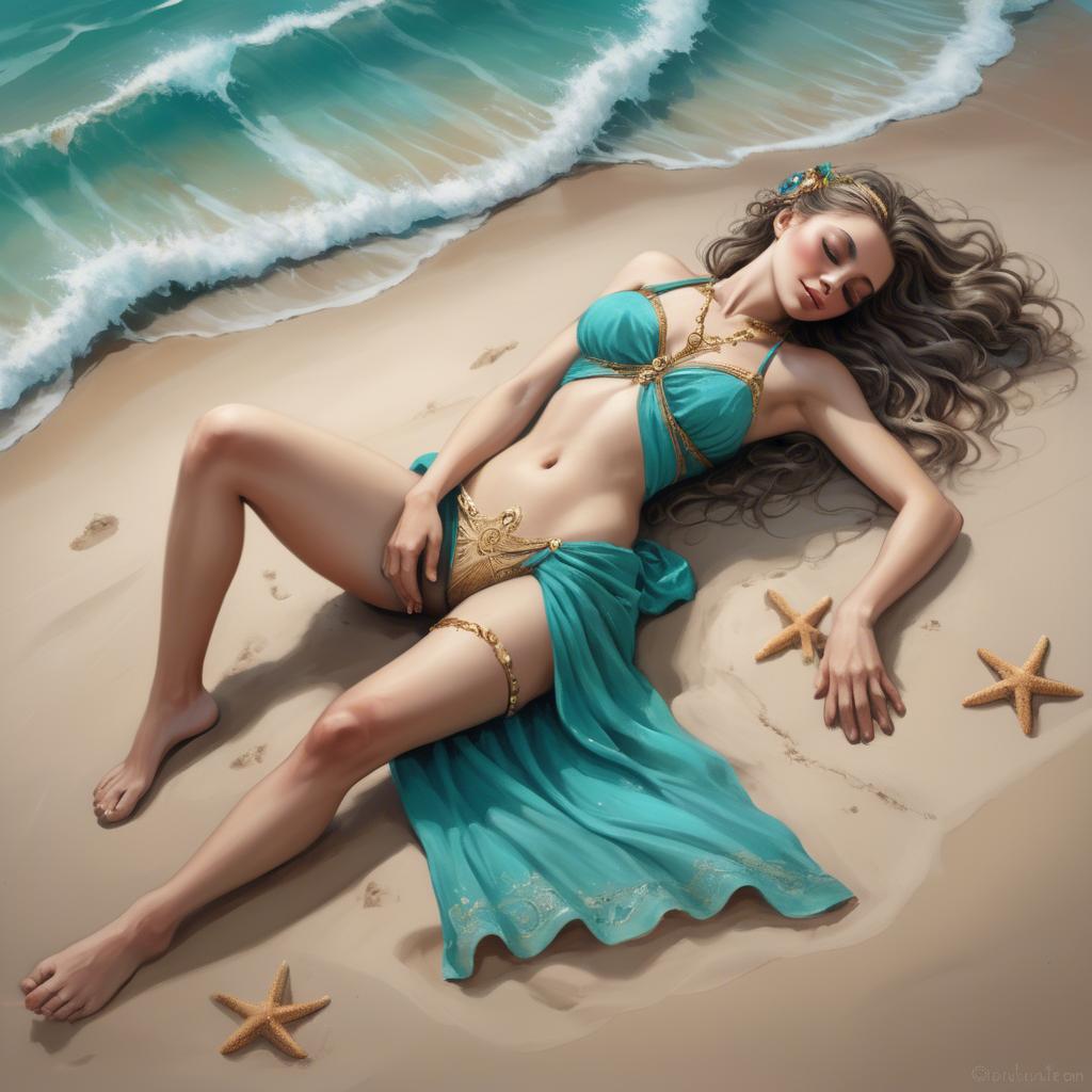 A stunning image of beach goddess lying on a sandy shore with turquoise waves.