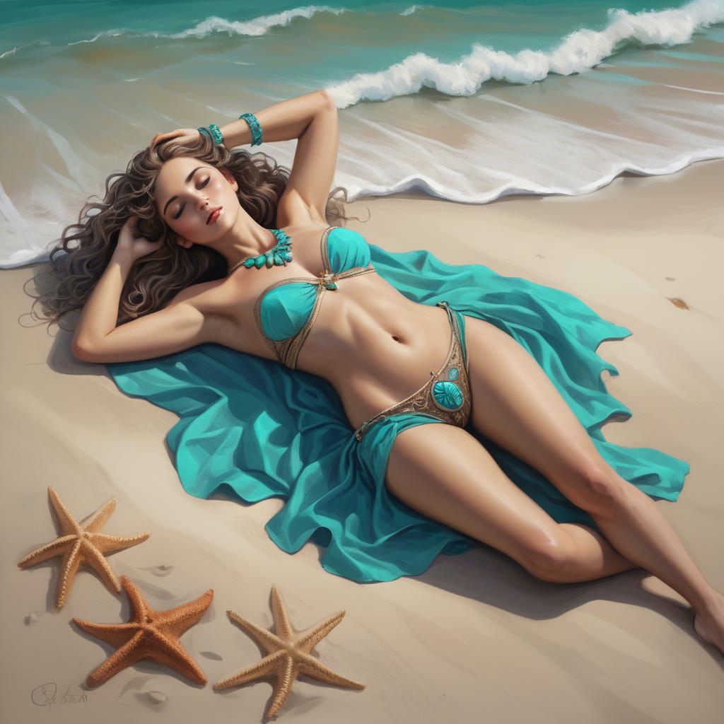 A stunning image of beach goddess lying on a sandy shore with turquoise waves.