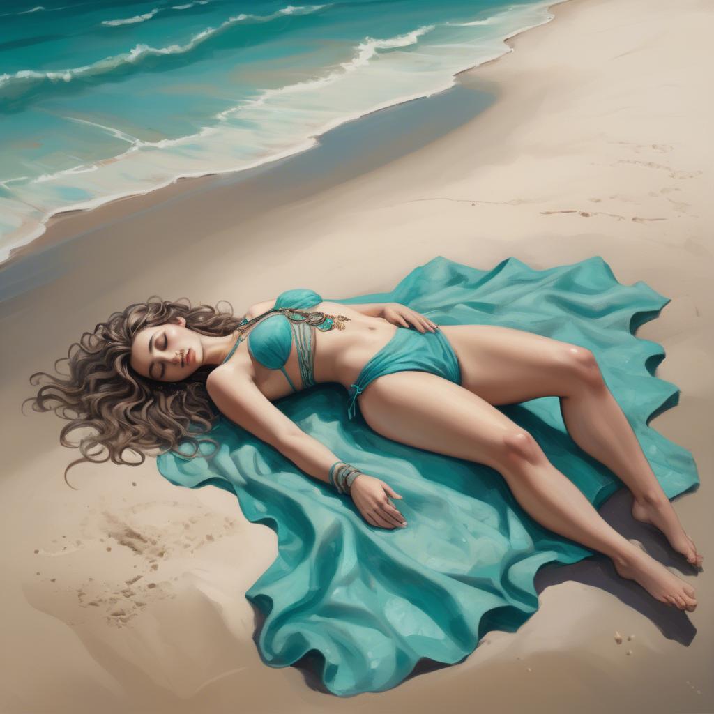 A stunning image of beach goddess lying on a sandy shore with turquoise waves.