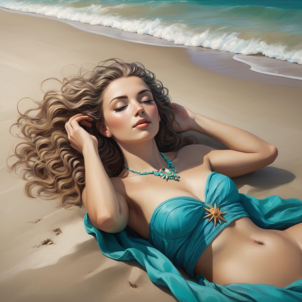 A stunning image of beach goddess lying on a sandy shore with turquoise waves.