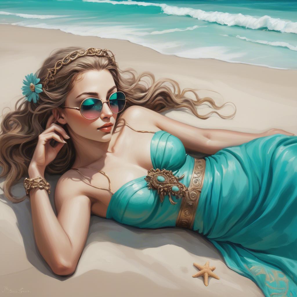 A stunning image of beach goddess lying on a sandy shore with turquoise waves.