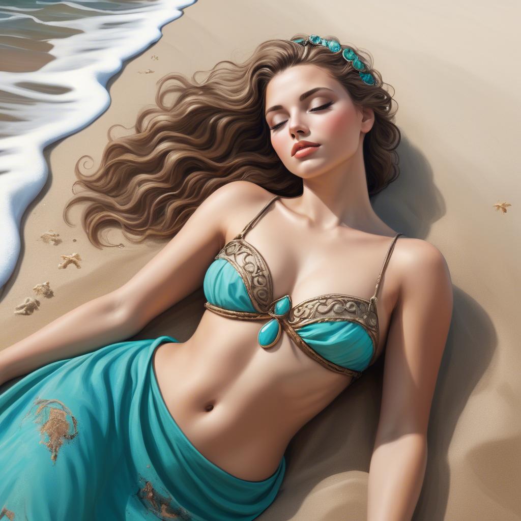 A stunning image of beach goddess lying on a sandy shore with turquoise waves.