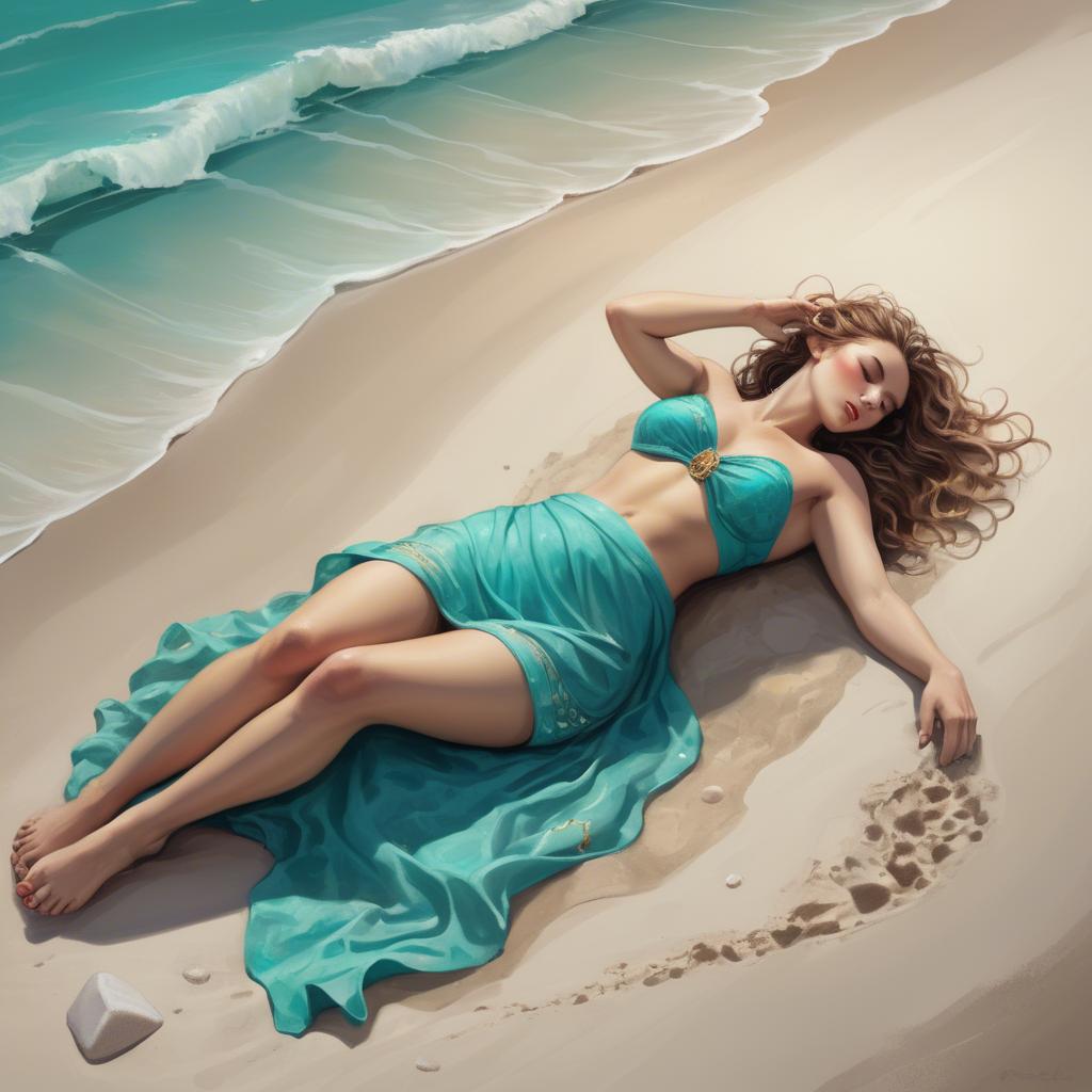 A stunning image of beach goddess lying on a sandy shore with turquoise waves.
