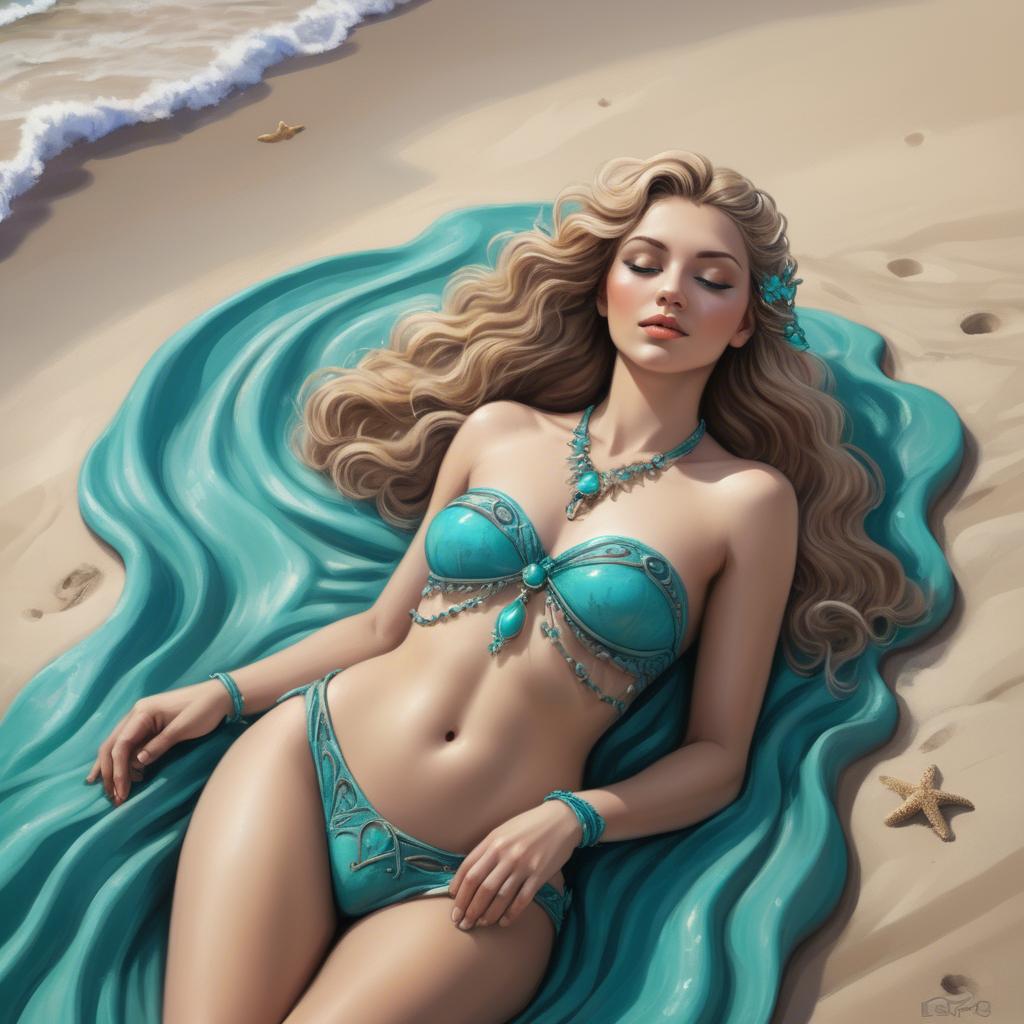 A stunning image of beach goddess lying on a sandy shore with turquoise waves.