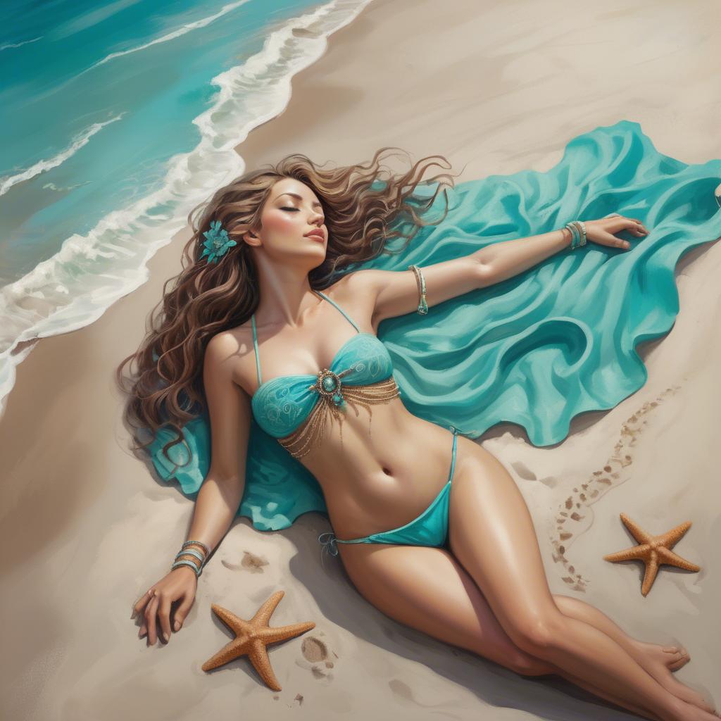 A stunning image of beach goddess lying on a sandy shore with turquoise waves.