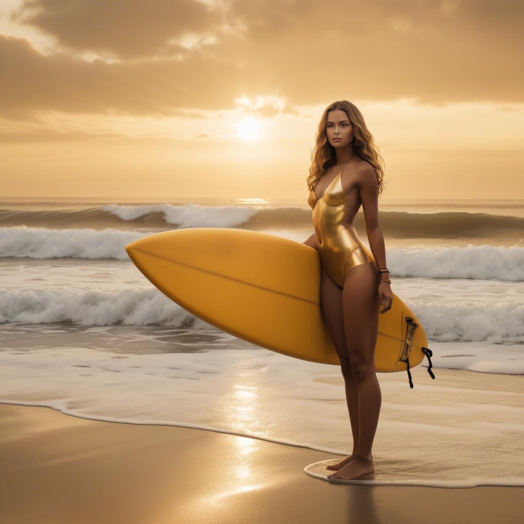 A stunning image of beach goddess posing with a surfboard under golden skies.