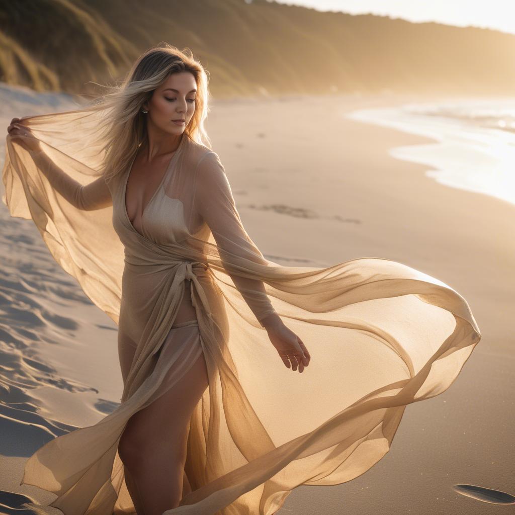 A stunning image of beach photoshoot, sheer wrap and golden light.