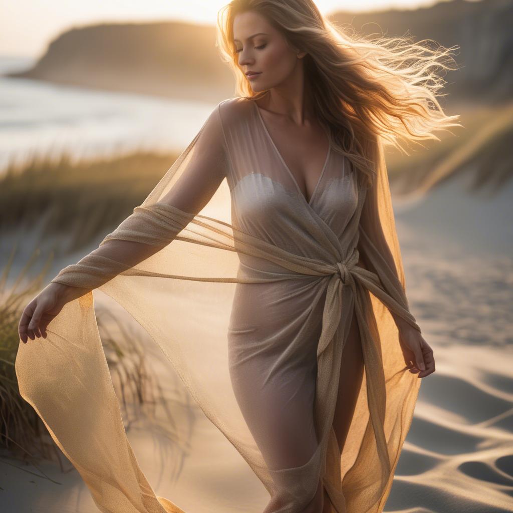 A stunning image of beach photoshoot, sheer wrap and golden light.