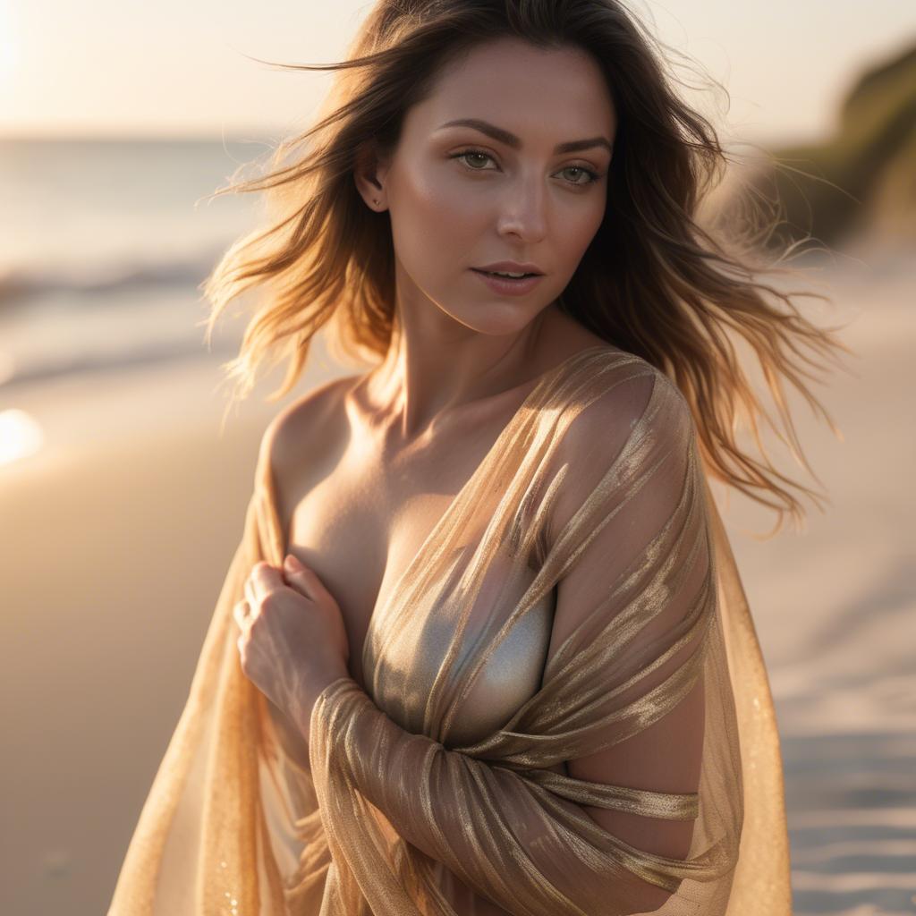 A stunning image of beach photoshoot, sheer wrap and golden light.