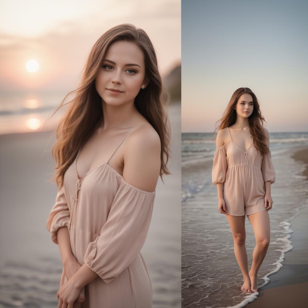 A stunning image of beach photoshoot, soft sunset and natural tones.