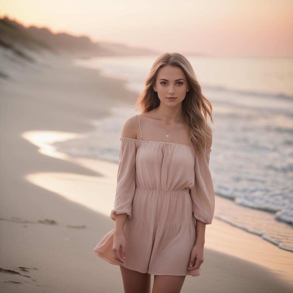 A stunning image of beach photoshoot, soft sunset and natural tones.