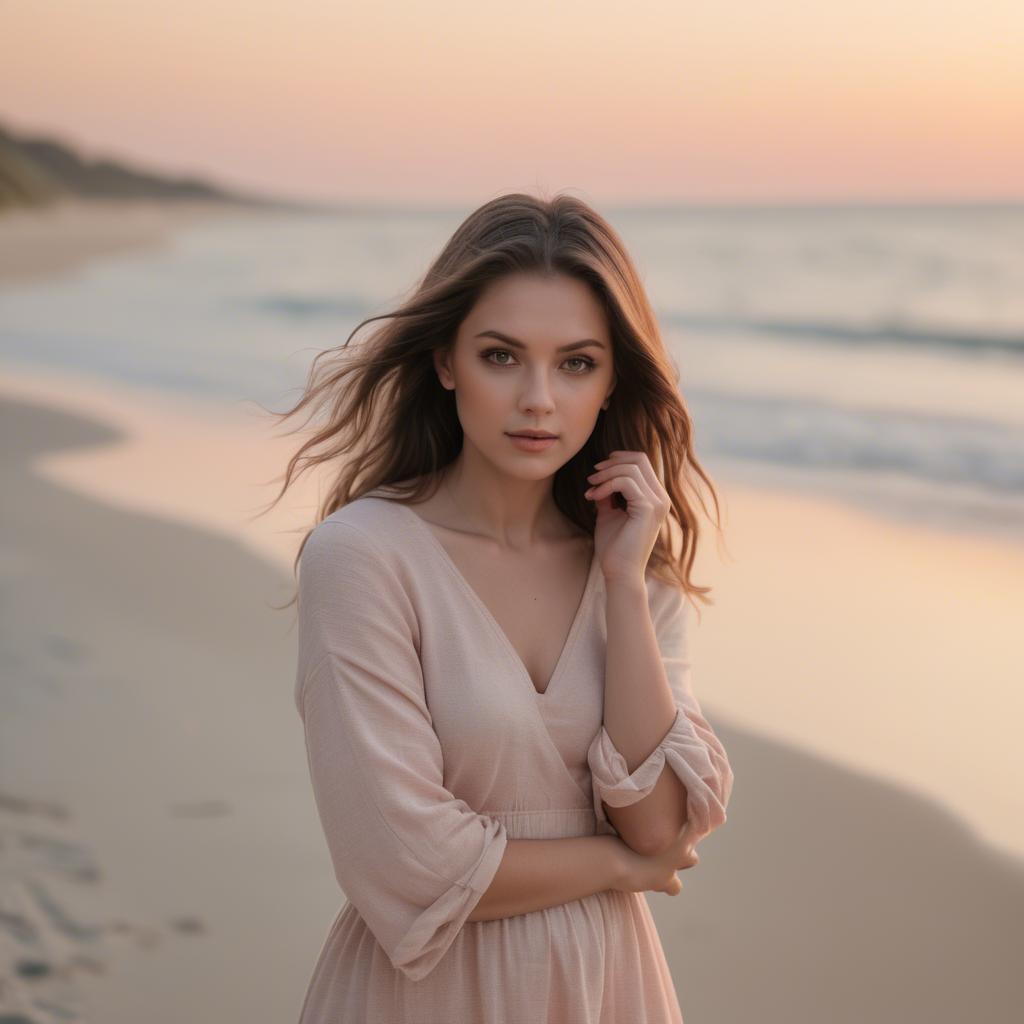 A stunning image of beach photoshoot, soft sunset and natural tones.