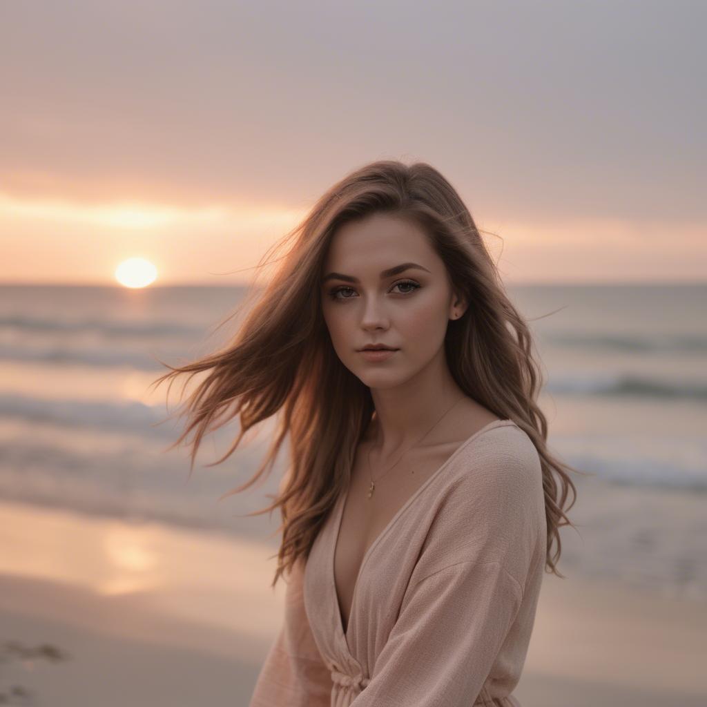 A stunning image of beach photoshoot, soft sunset and natural tones.