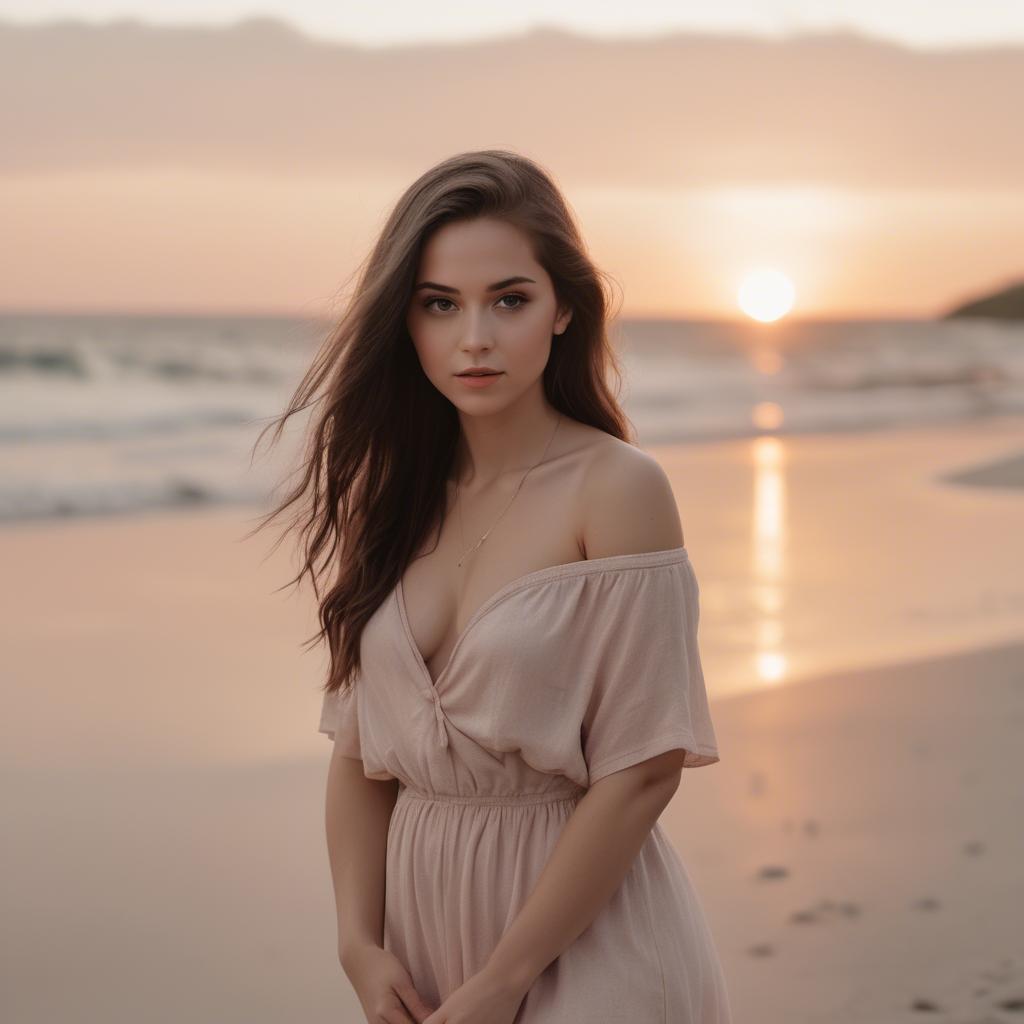 A stunning image of beach photoshoot, soft sunset and natural tones.