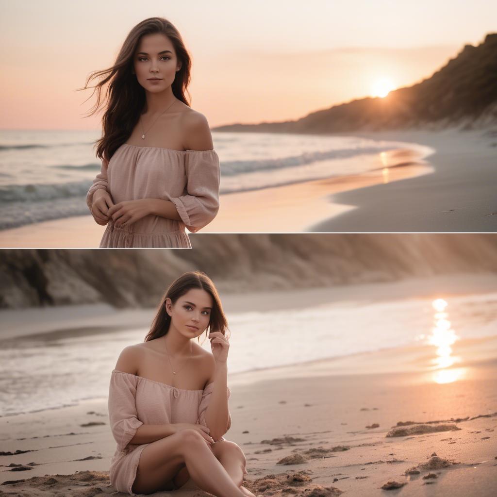 A stunning image of beach photoshoot, soft sunset and natural tones.
