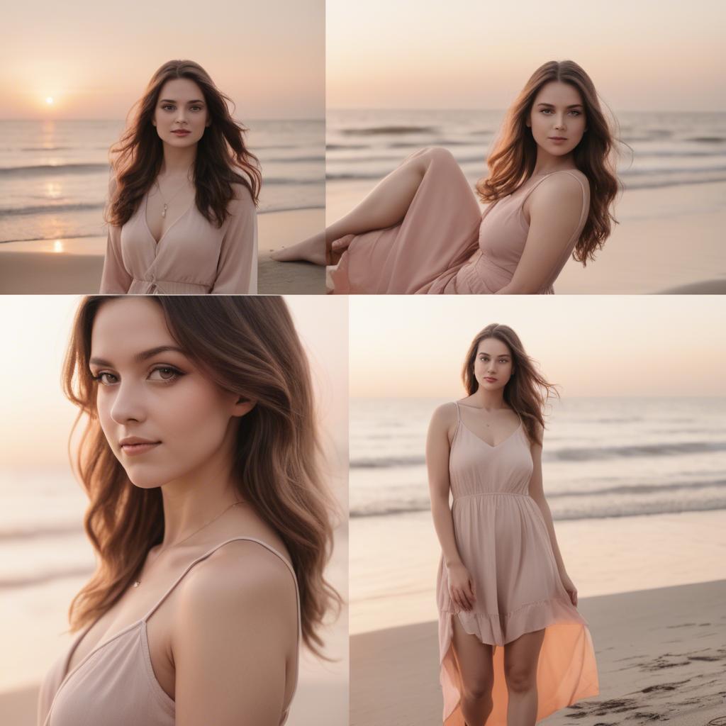 A stunning image of beach photoshoot, soft sunset and natural tones.