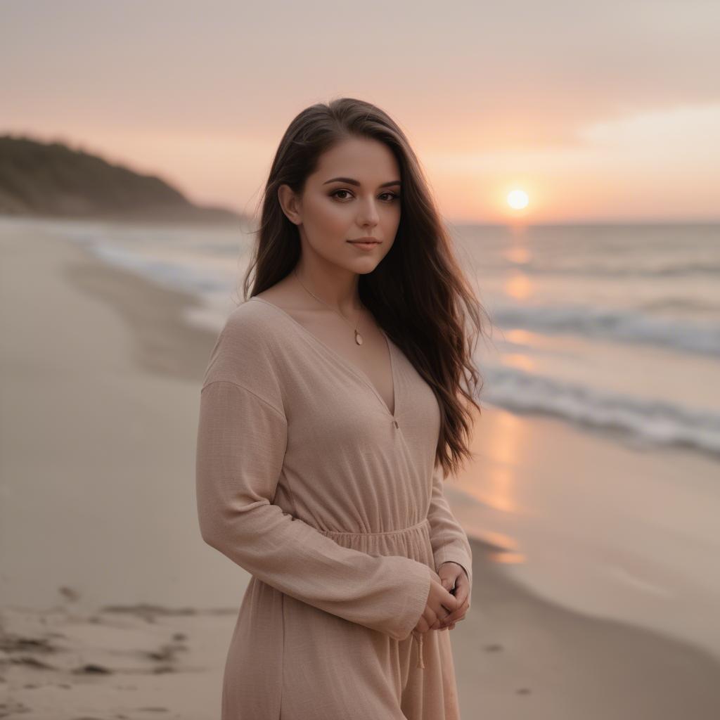 A stunning image of beach photoshoot, soft sunset and natural tones.