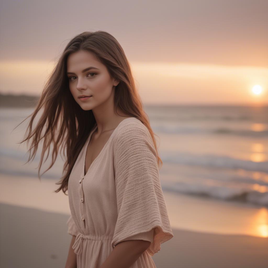 A stunning image of beach photoshoot, soft sunset and natural tones.