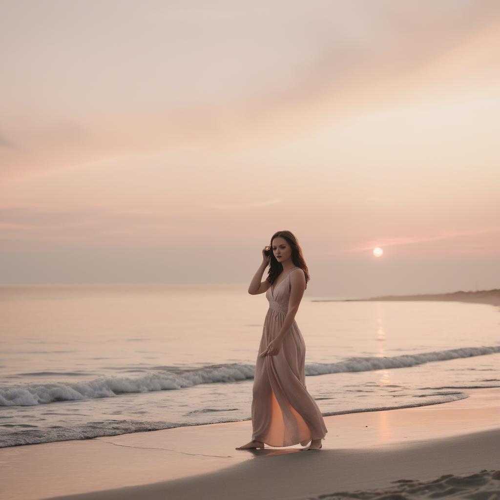 A stunning image of beach photoshoot, soft sunset and natural tones.