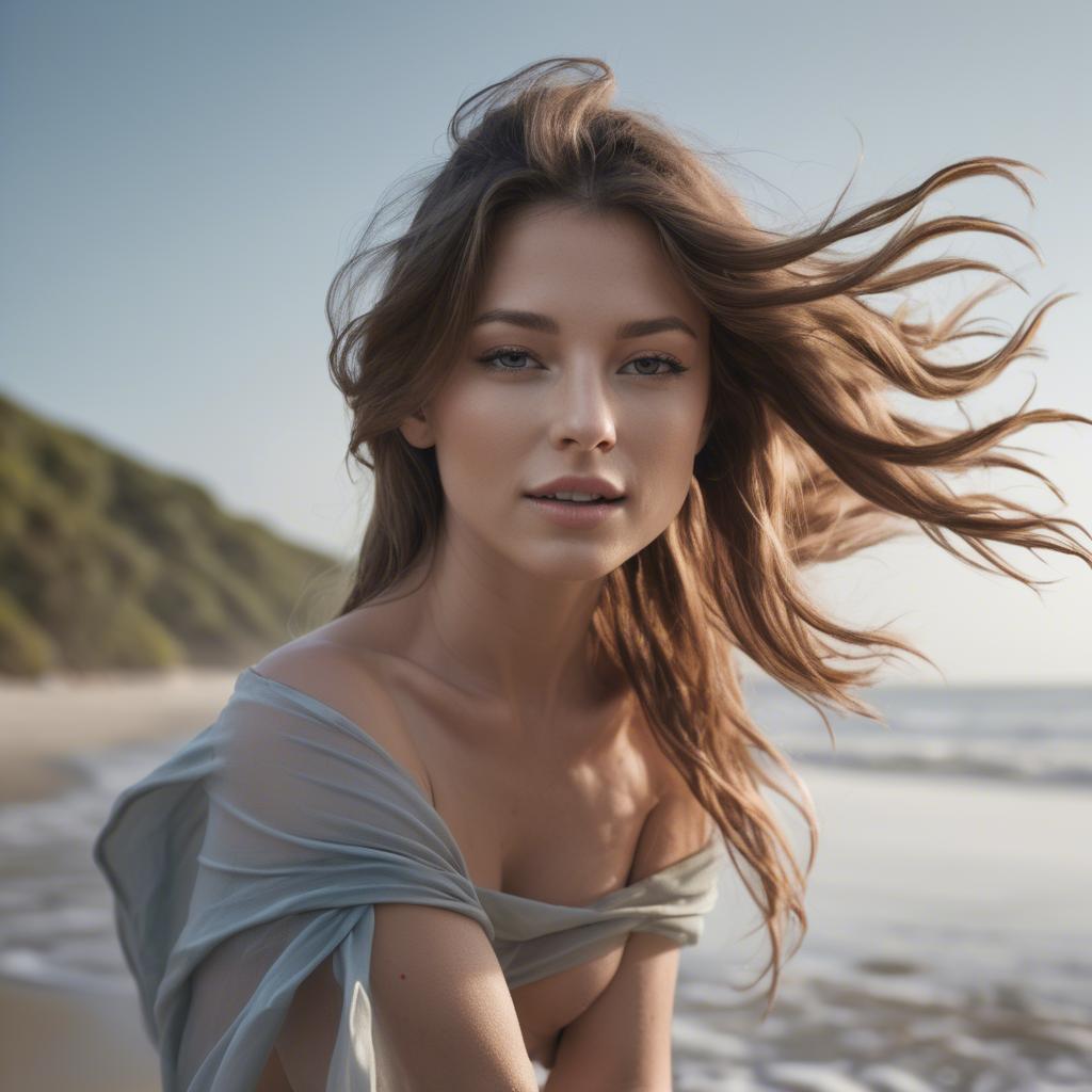A stunning image of beach photoshoot, topless woman with long hair flowing.