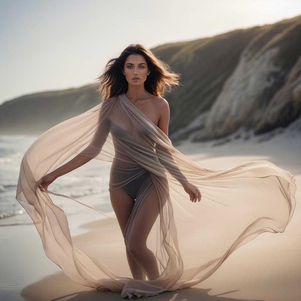 A stunning image of beach photoshoot, woman draped in sheer fabric.