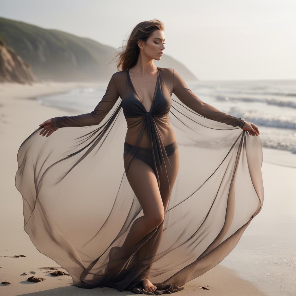 A stunning image of beach photoshoot, woman draped in sheer fabric.