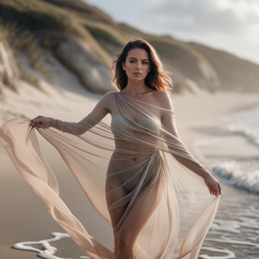 A stunning image of beach photoshoot, woman draped in sheer fabric.