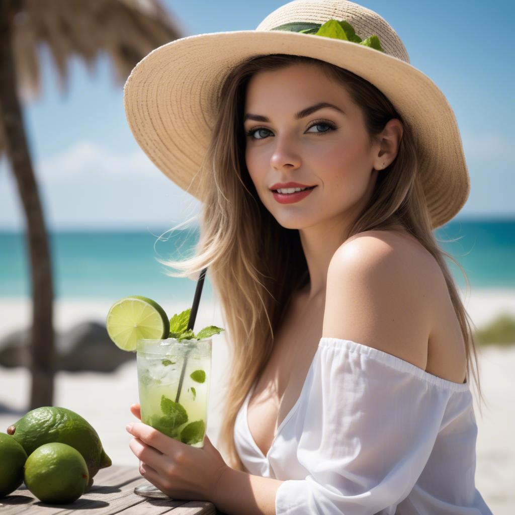 A stunning image of beachside beauty in a sun hat with a mojito.