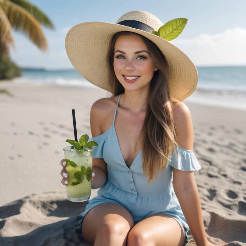 A stunning image of beachside beauty in a sun hat with a mojito.