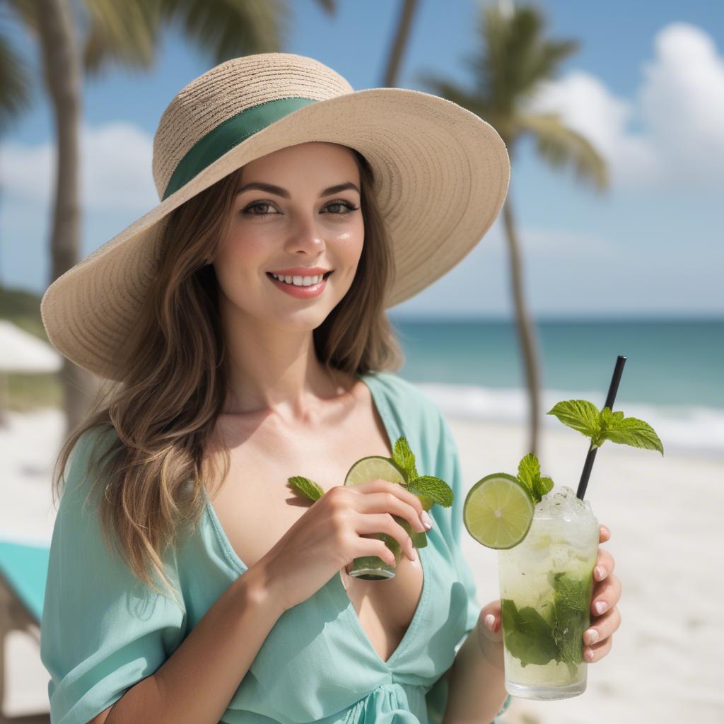 A stunning image of beachside beauty in a sun hat with a mojito.