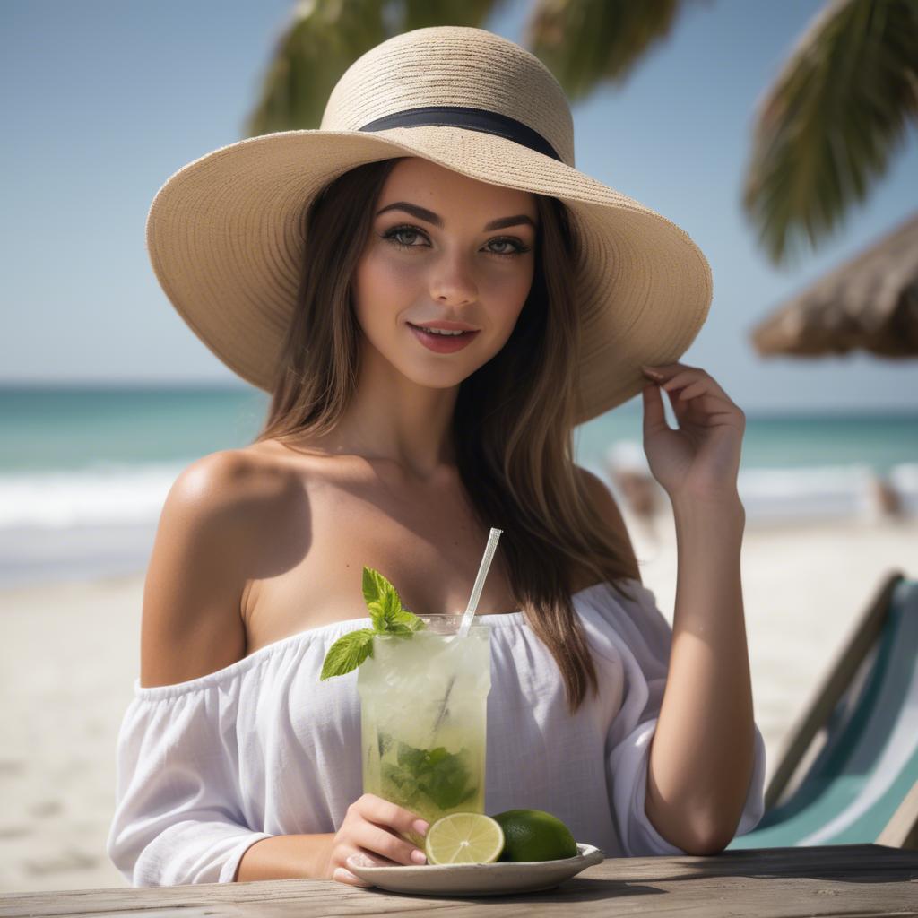 A stunning image of beachside beauty in a sun hat with a mojito.