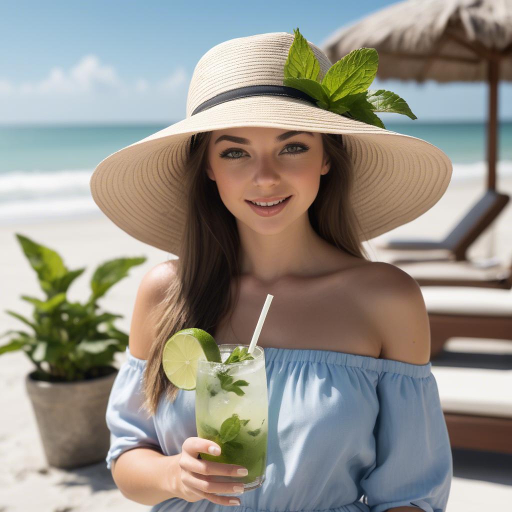 A stunning image of beachside beauty in a sun hat with a mojito.