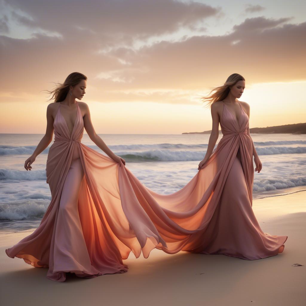 A stunning image of beachside glamour, flowing fabric and soft sunset.