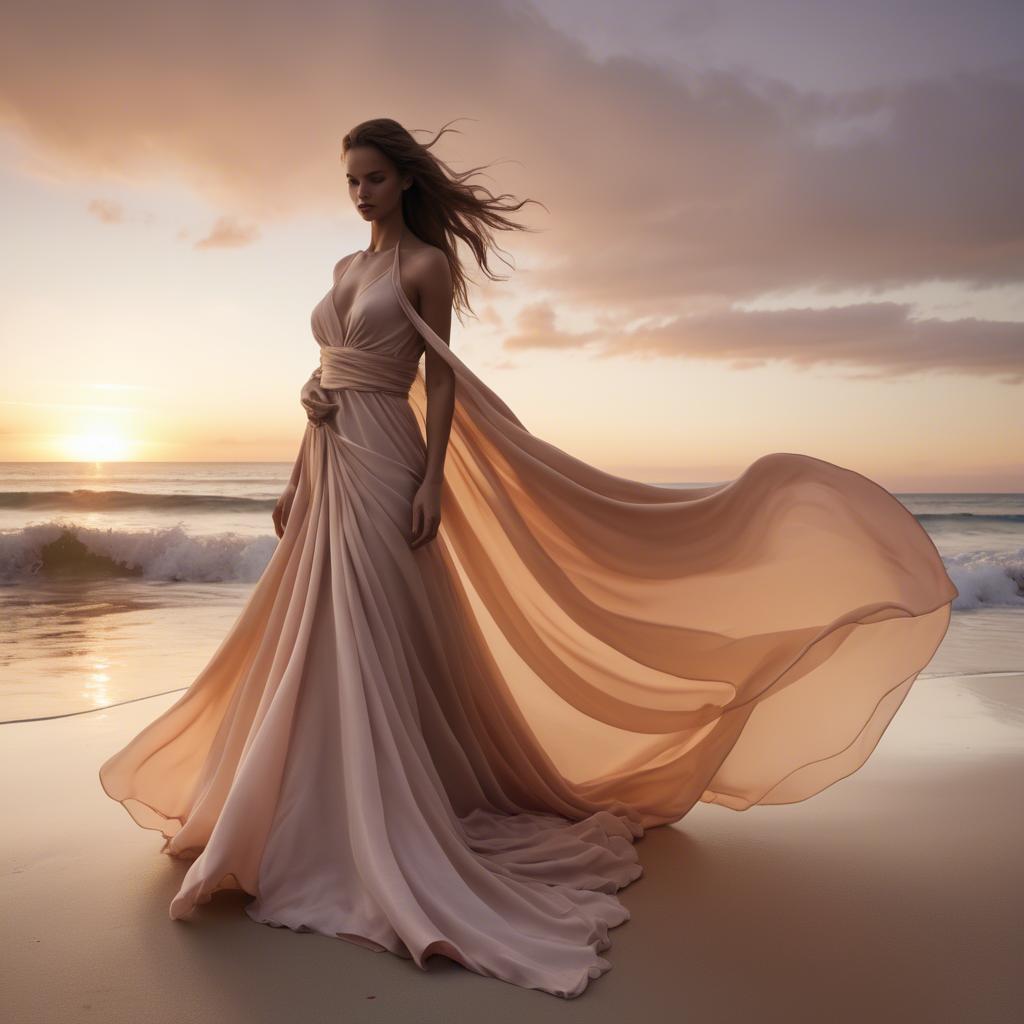 A stunning image of beachside glamour, flowing fabric and soft sunset.