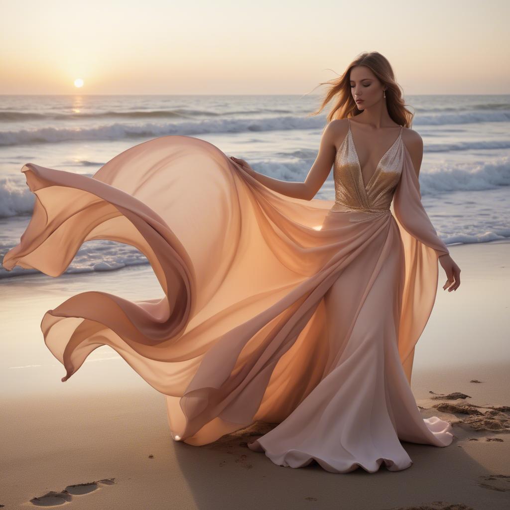 A stunning image of beachside glamour, flowing fabric and soft sunset.
