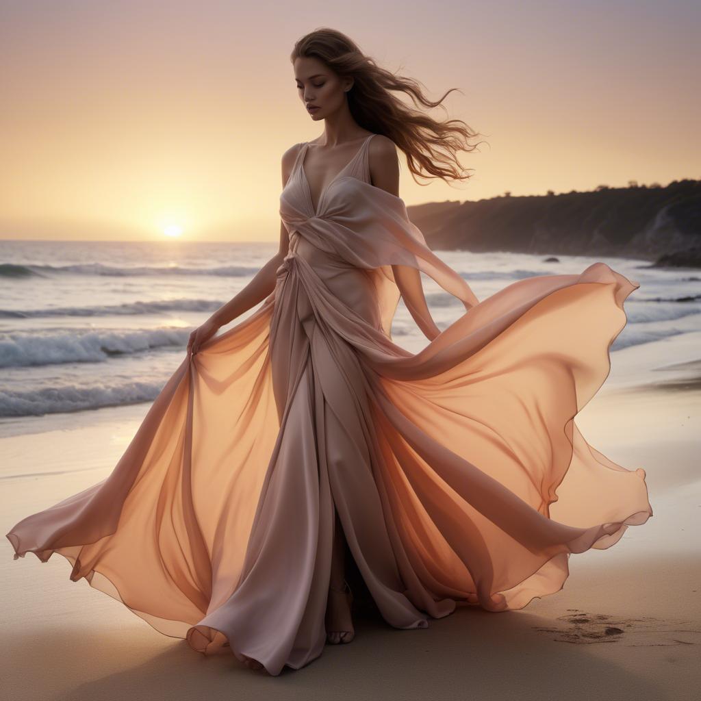 A stunning image of beachside glamour, flowing fabric and soft sunset.