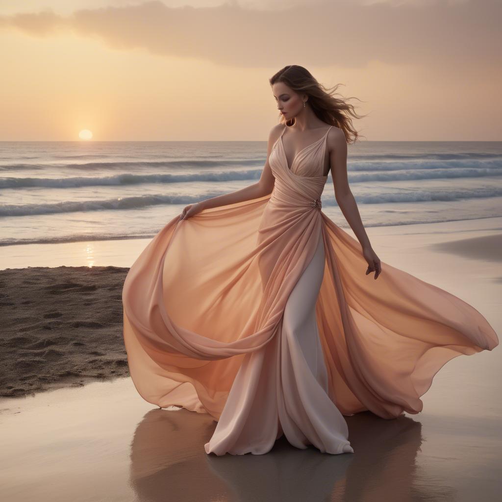 A stunning image of beachside glamour, flowing fabric and soft sunset.