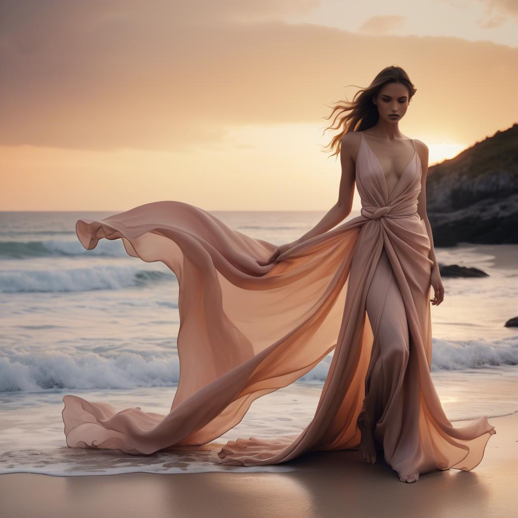 A stunning image of beachside glamour, flowing fabric and soft sunset.