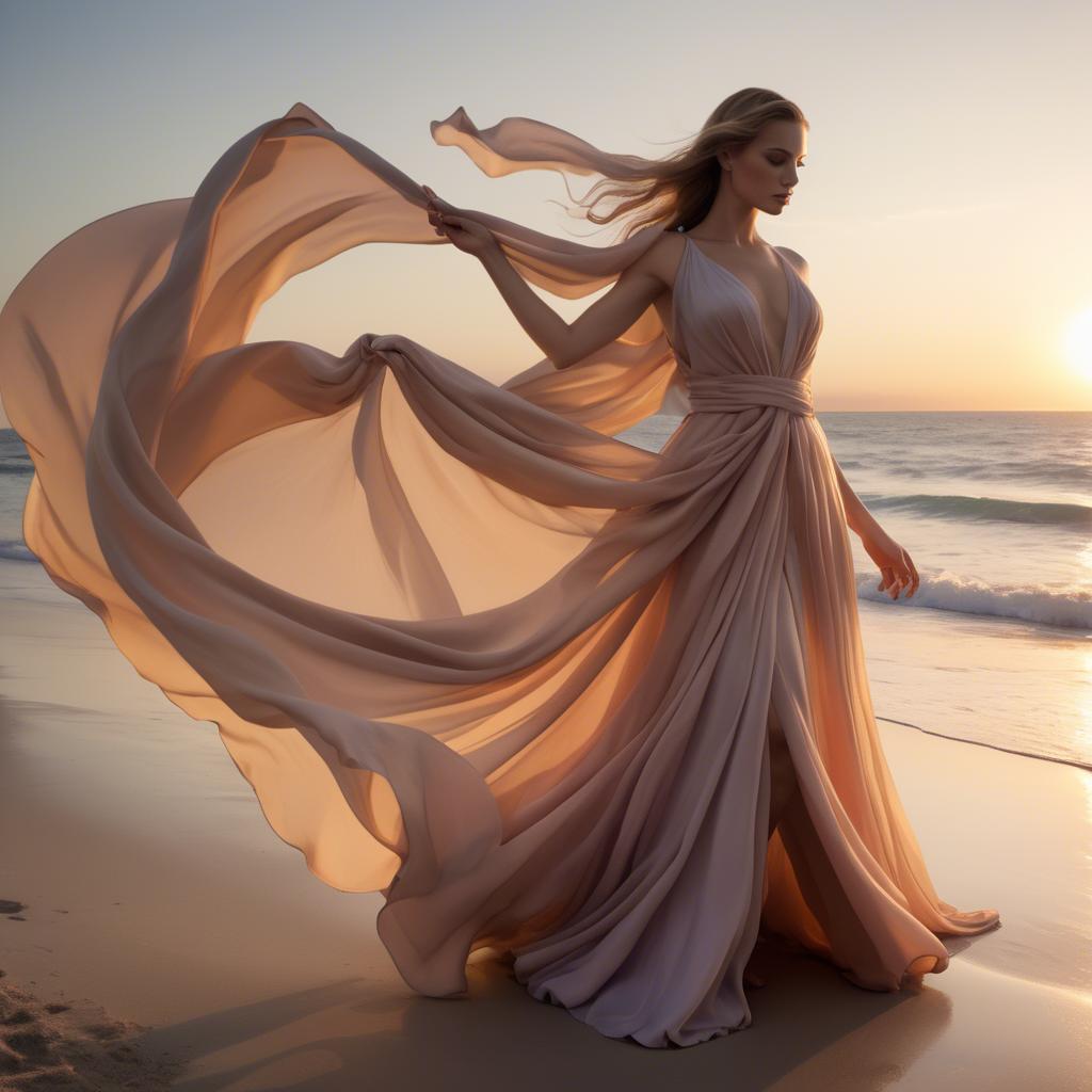 A stunning image of beachside glamour, flowing fabric and soft sunset.