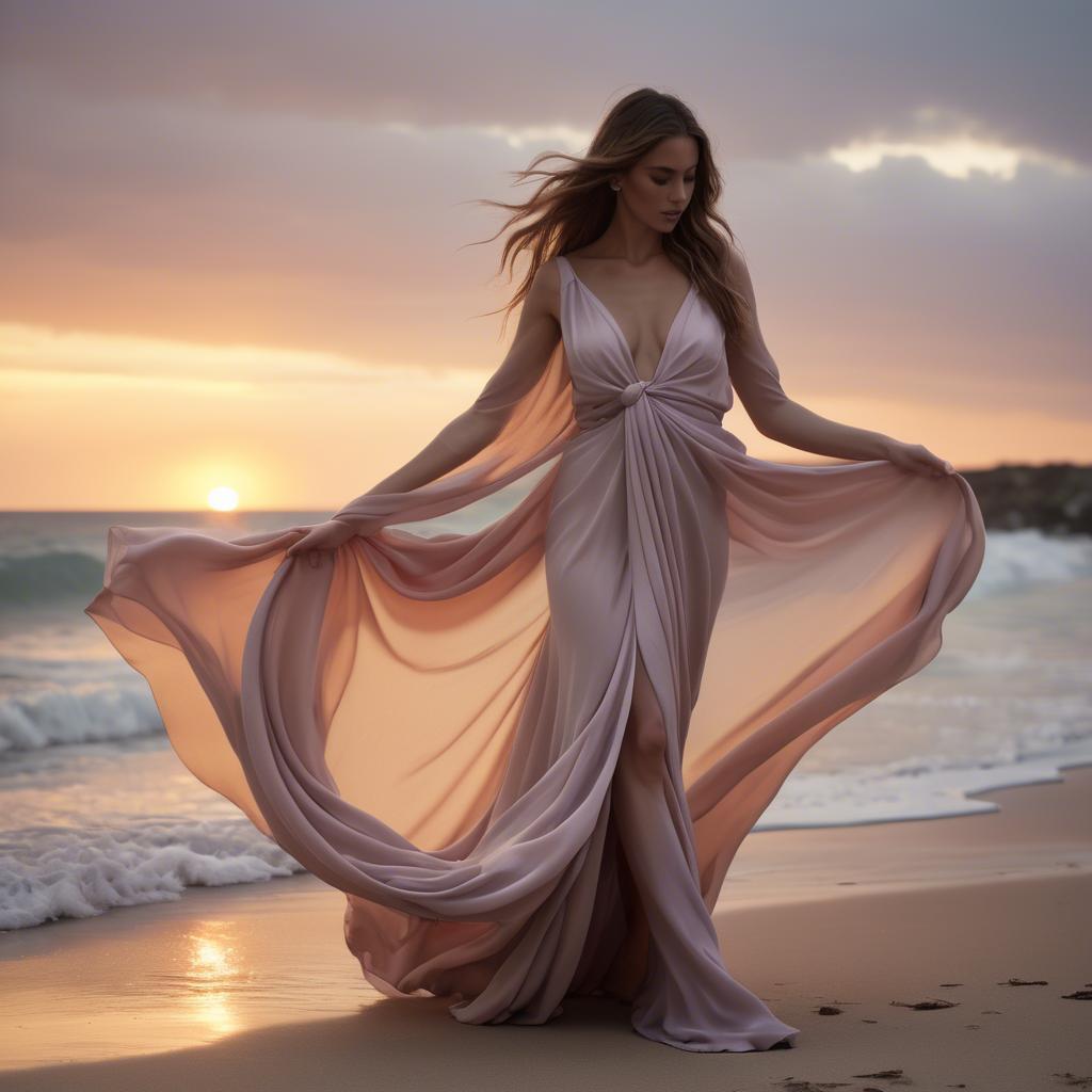 A stunning image of beachside glamour, flowing fabric and soft sunset.