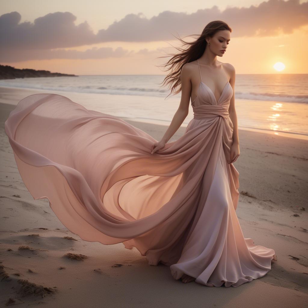 A stunning image of beachside glamour, flowing fabric and soft sunset.