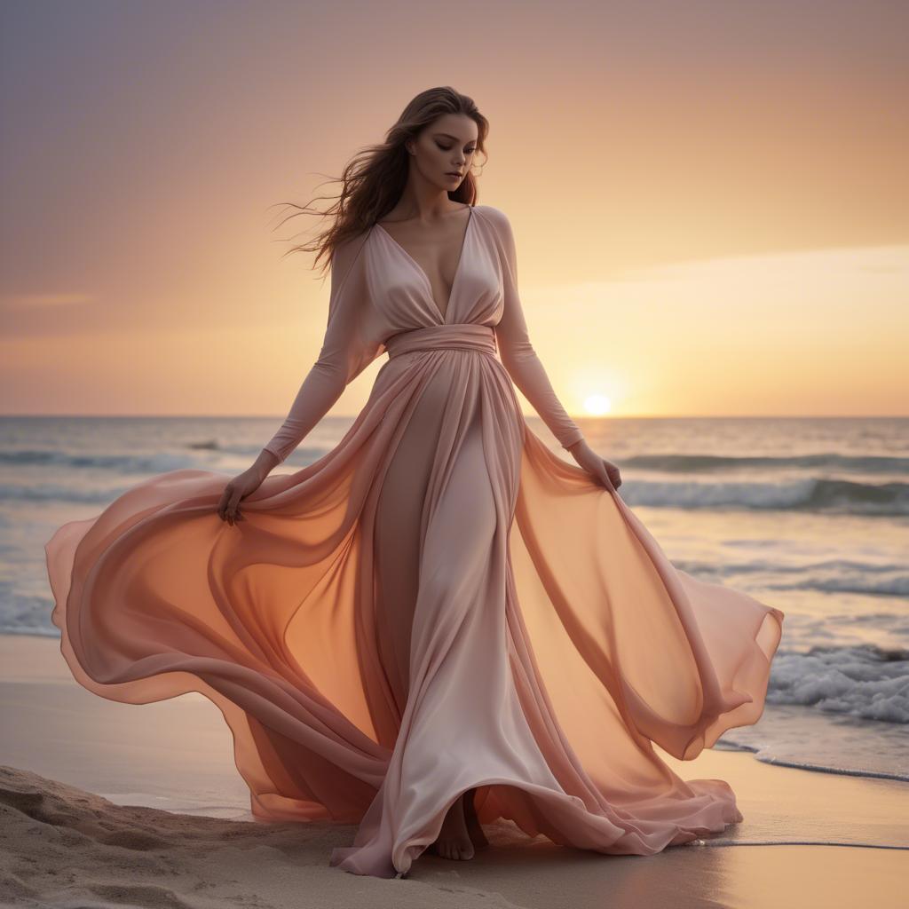 A stunning image of beachside glamour, flowing fabric and soft sunset.