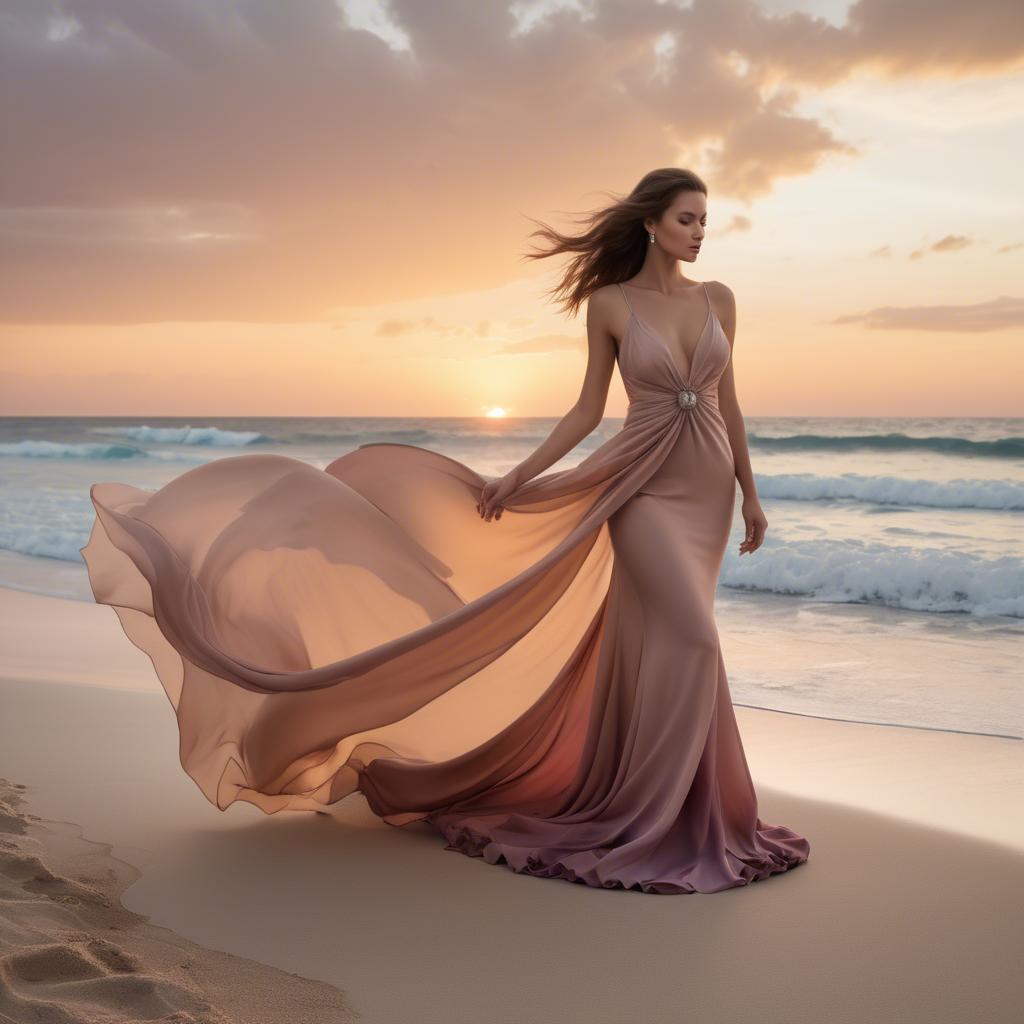 A stunning image of beachside glamour, flowing fabric and soft sunset.