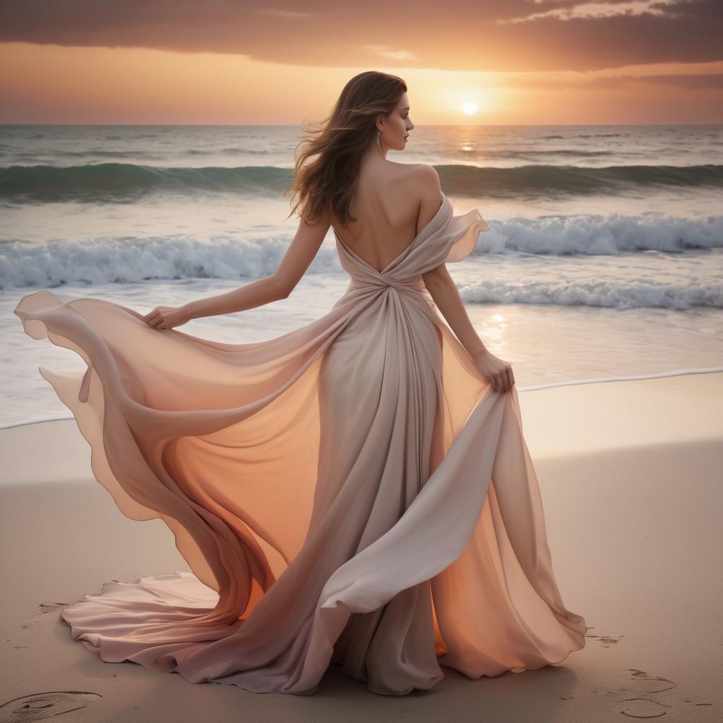A stunning image of beachside glamour, flowing fabric and soft sunset.