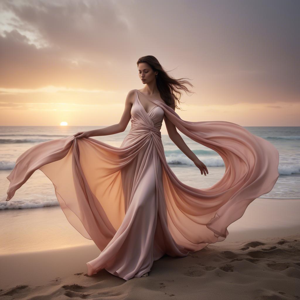 A stunning image of beachside glamour, flowing fabric and soft sunset.